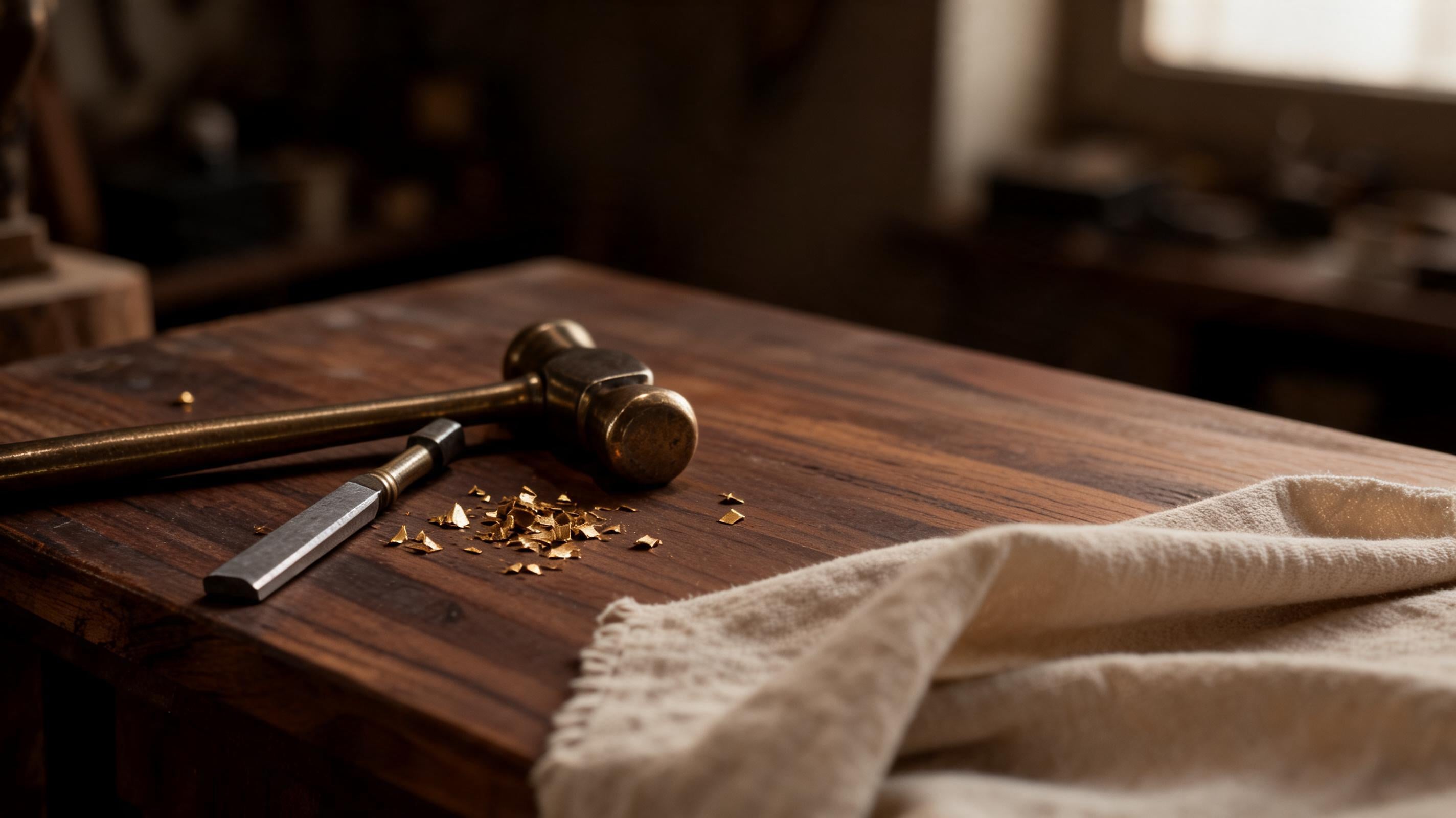 Quiet workshop surface with brass tools, wood shavings, and warm light