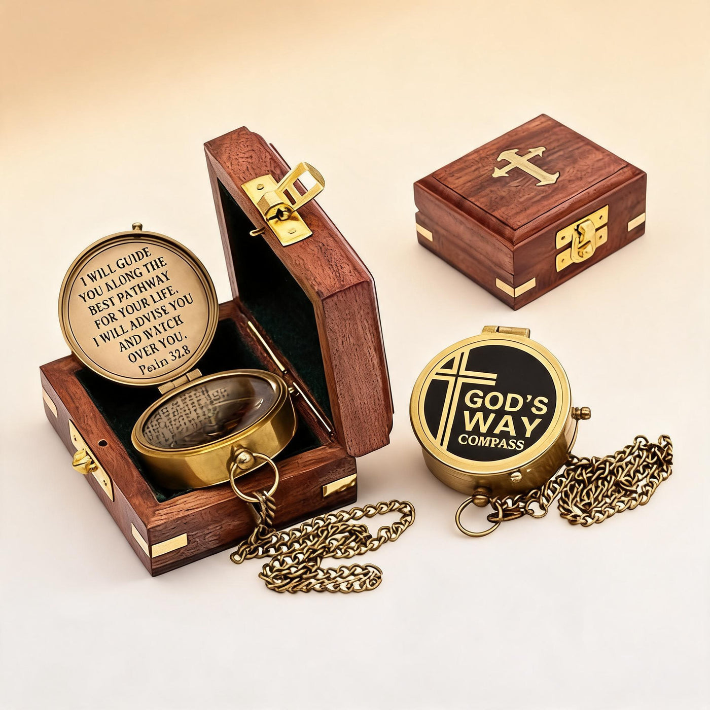 The Compass by EmmausCO complete set: open compass with Psalm 32:8 engraving, closed compass showing GOD'S WAY COMPASS lid, and rosewood box with brass cross