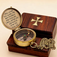 The Compass open showing hand-engraved Psalm 32:8 scripture with wooden box