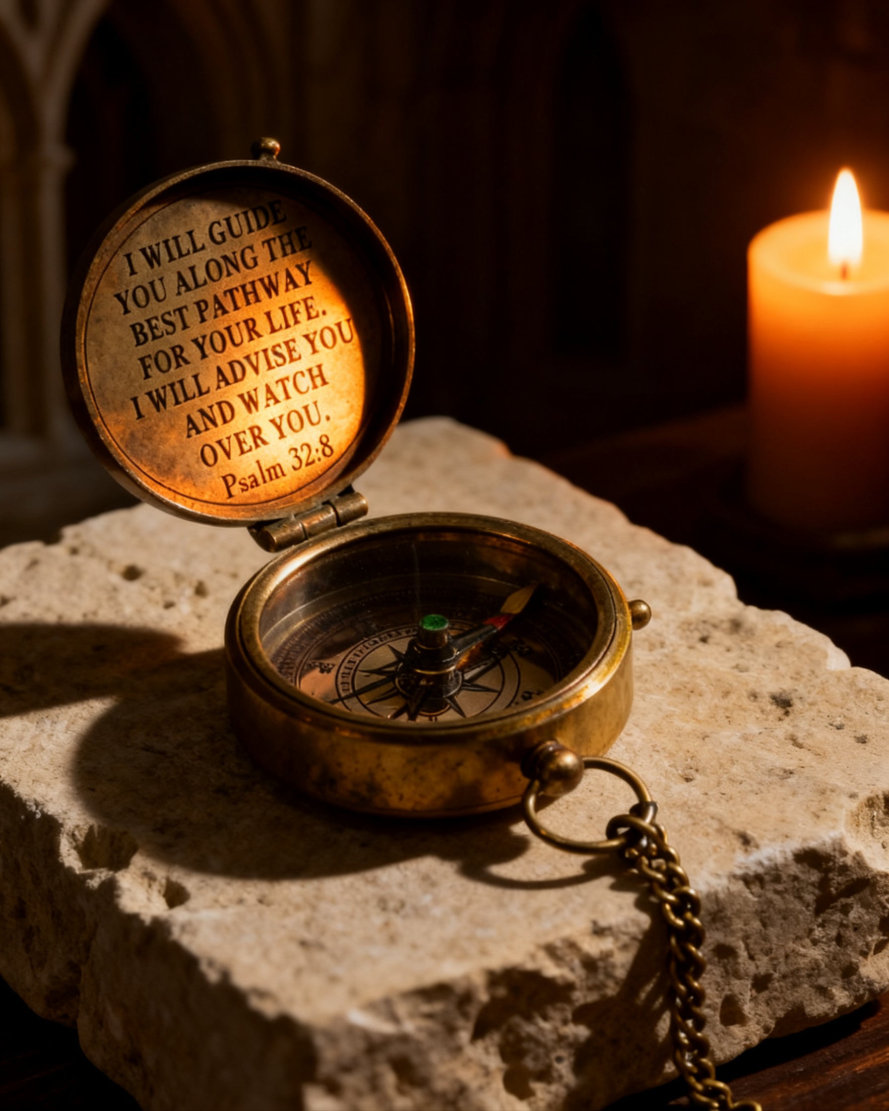 A brass compass resting open on a weathered wooden surface