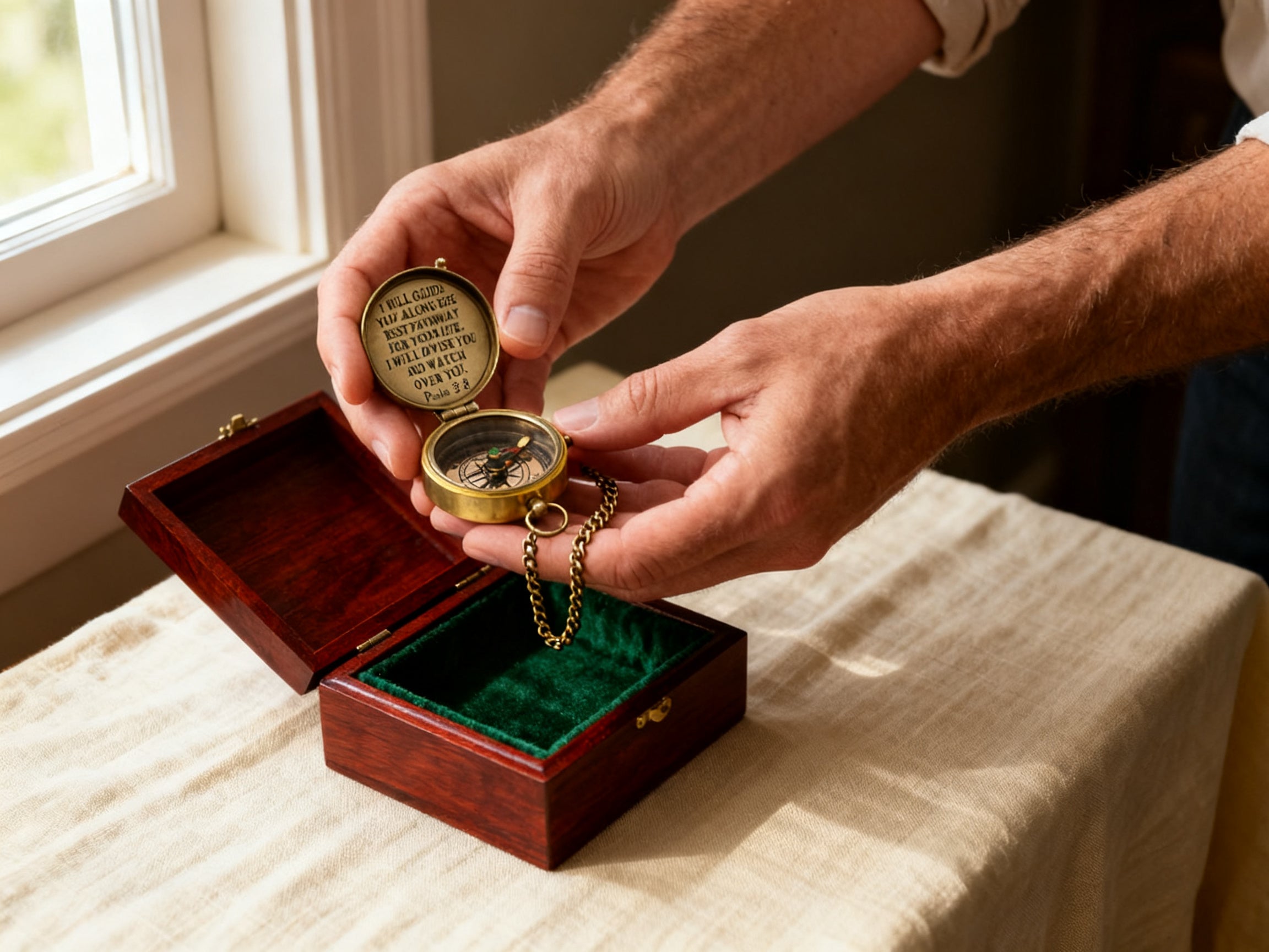 The Compass by EmmausCO in its hand-carved wooden box