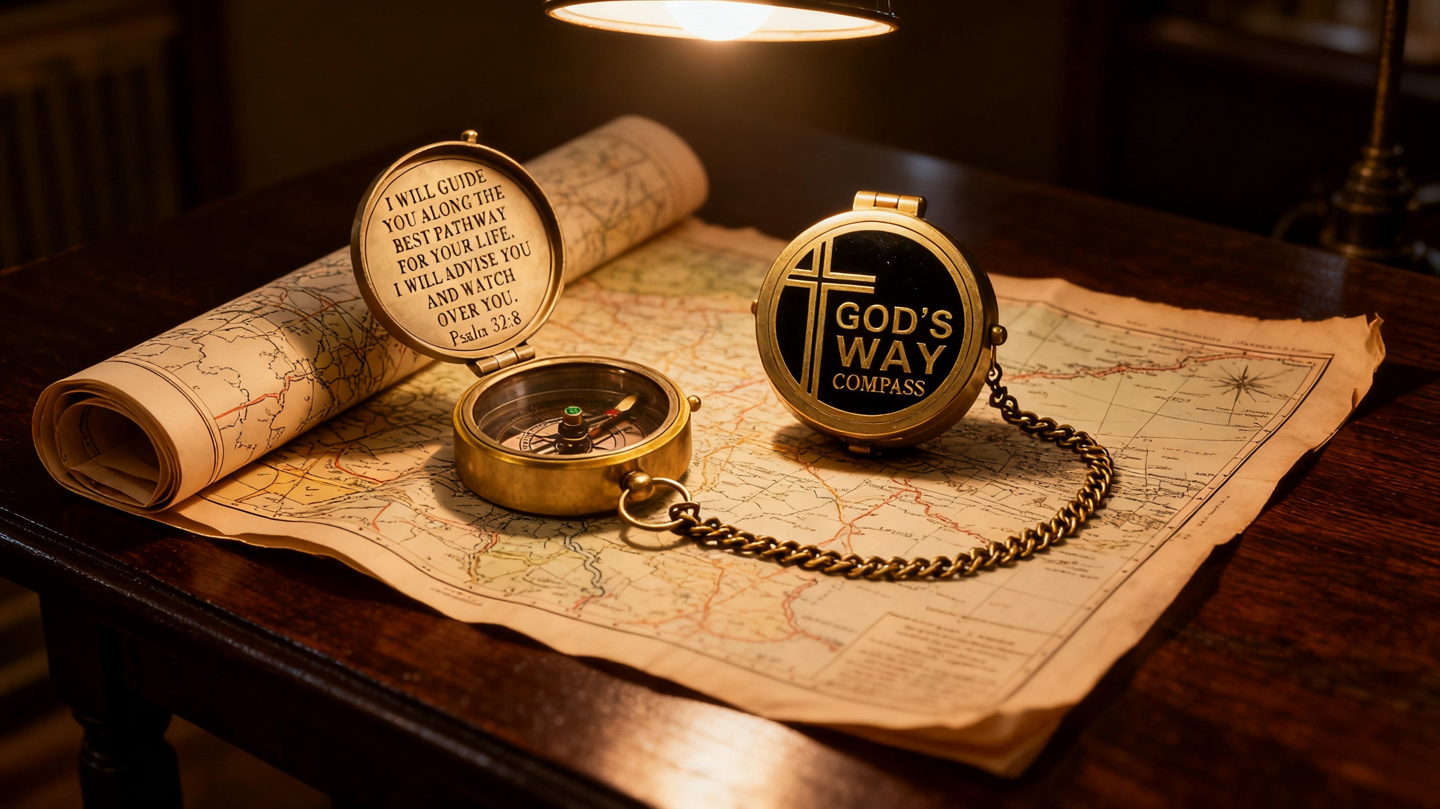 Open Bible on a wooden surface with warm light and a brass compass nearby