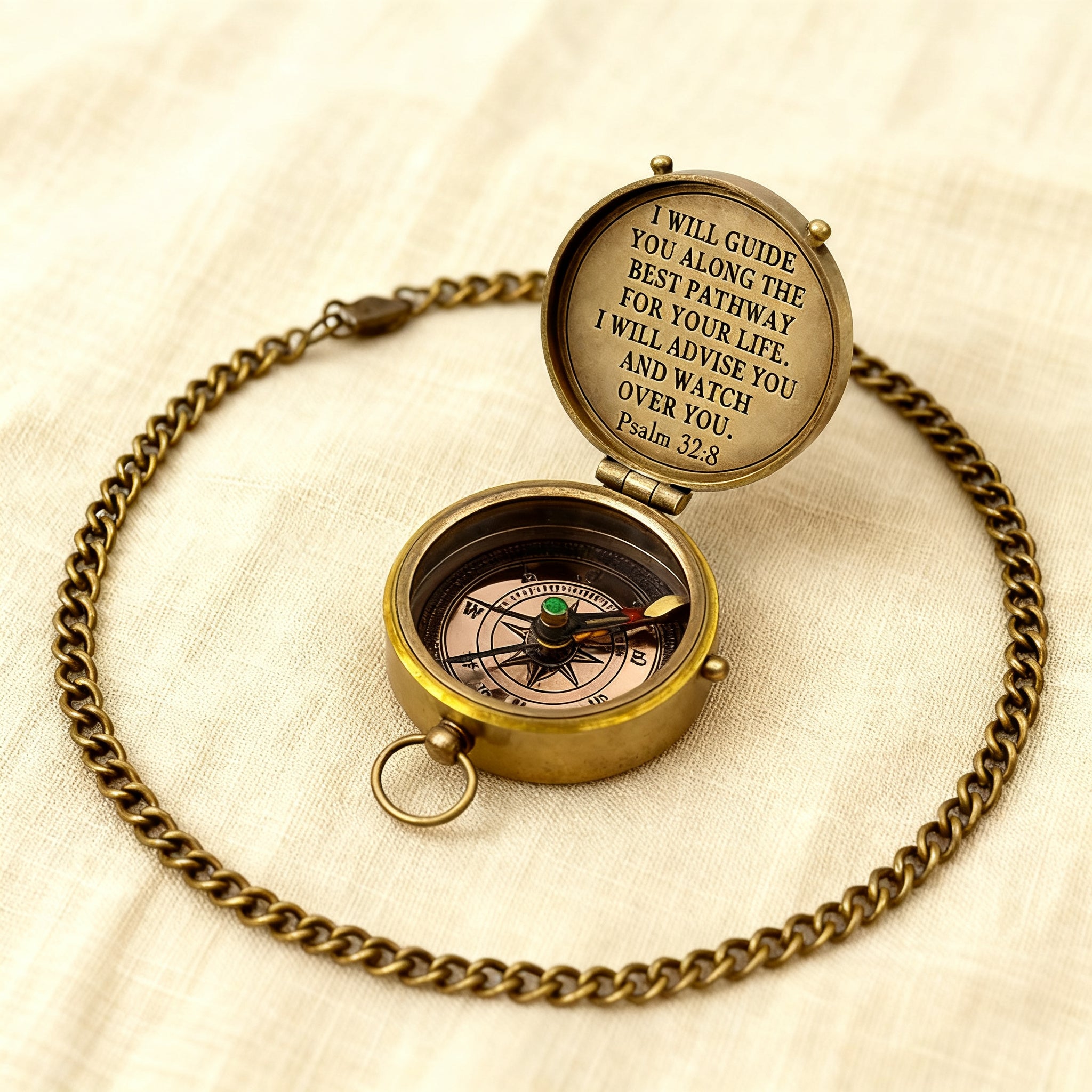 Close-up of hand-engraved Psalm 32:8 on the compass face.