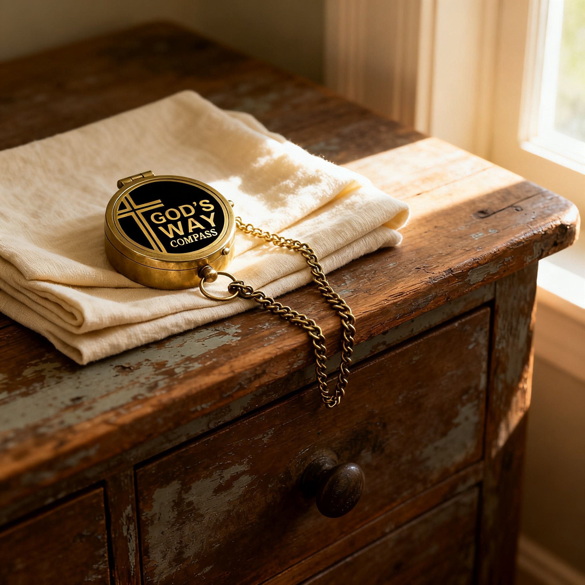 Compass and chain on cream linen beside a journal.