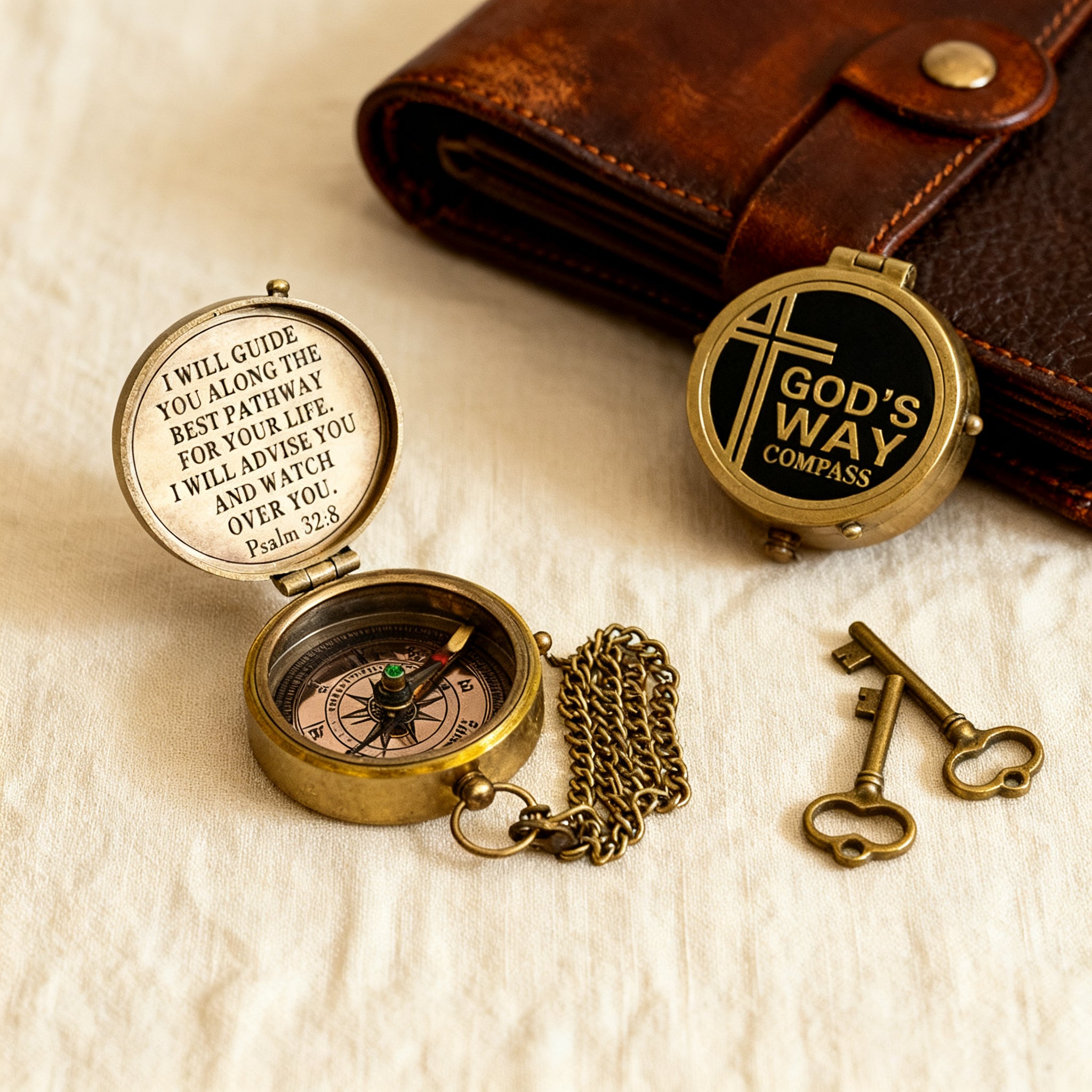 Brass compass held in an open palm, warm tone visible.