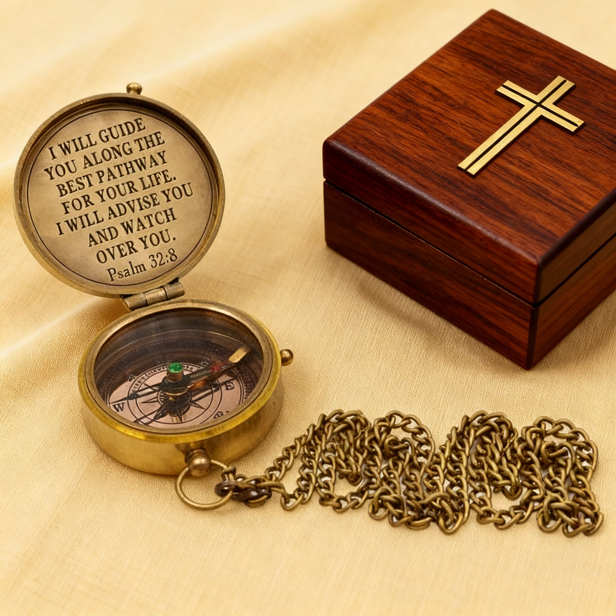 Close-up of the hand-carved wooden box with cross detail on the lid