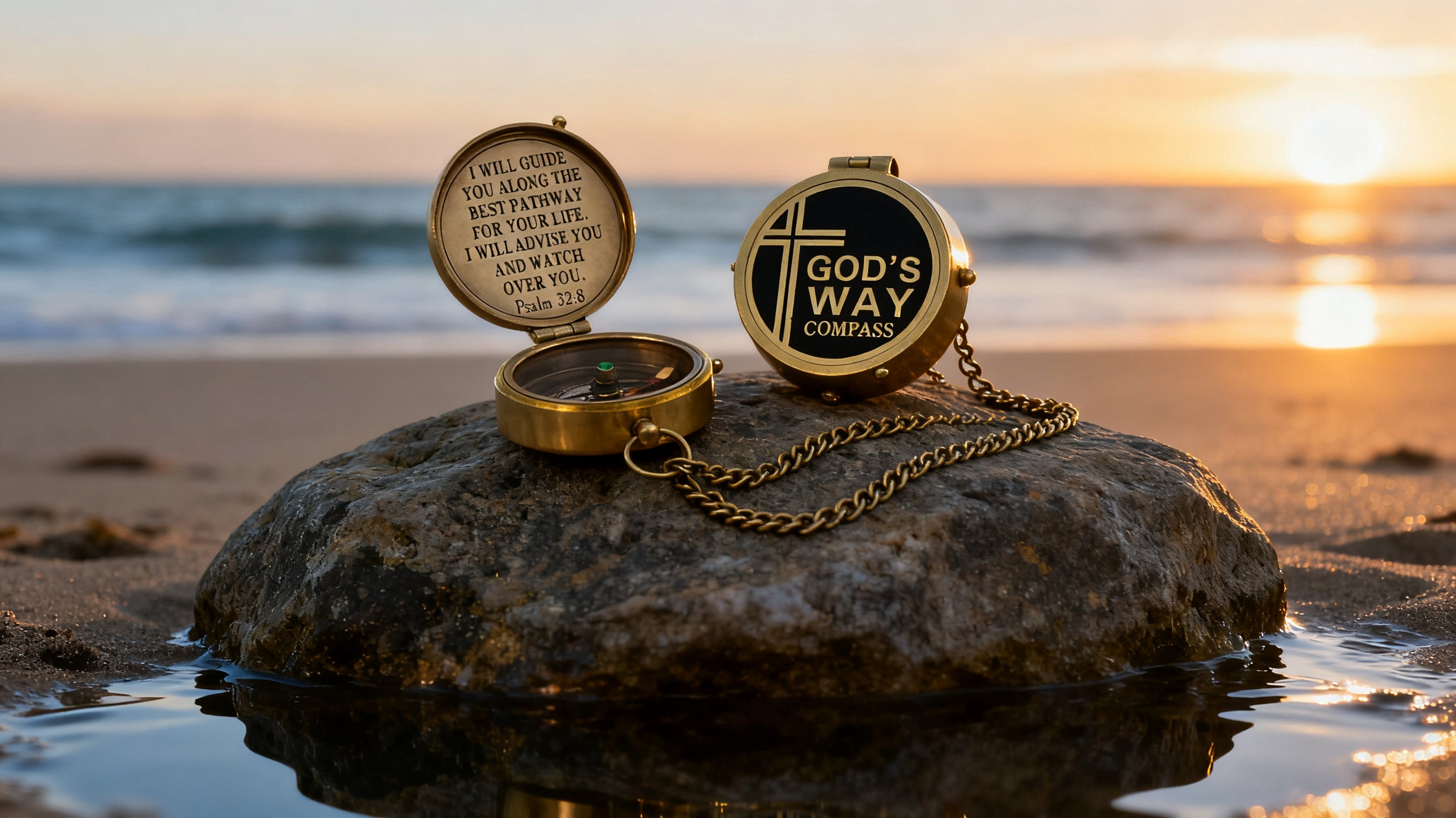 The Compass on a folded cloth at sunrise near the coast, brass catching the first light