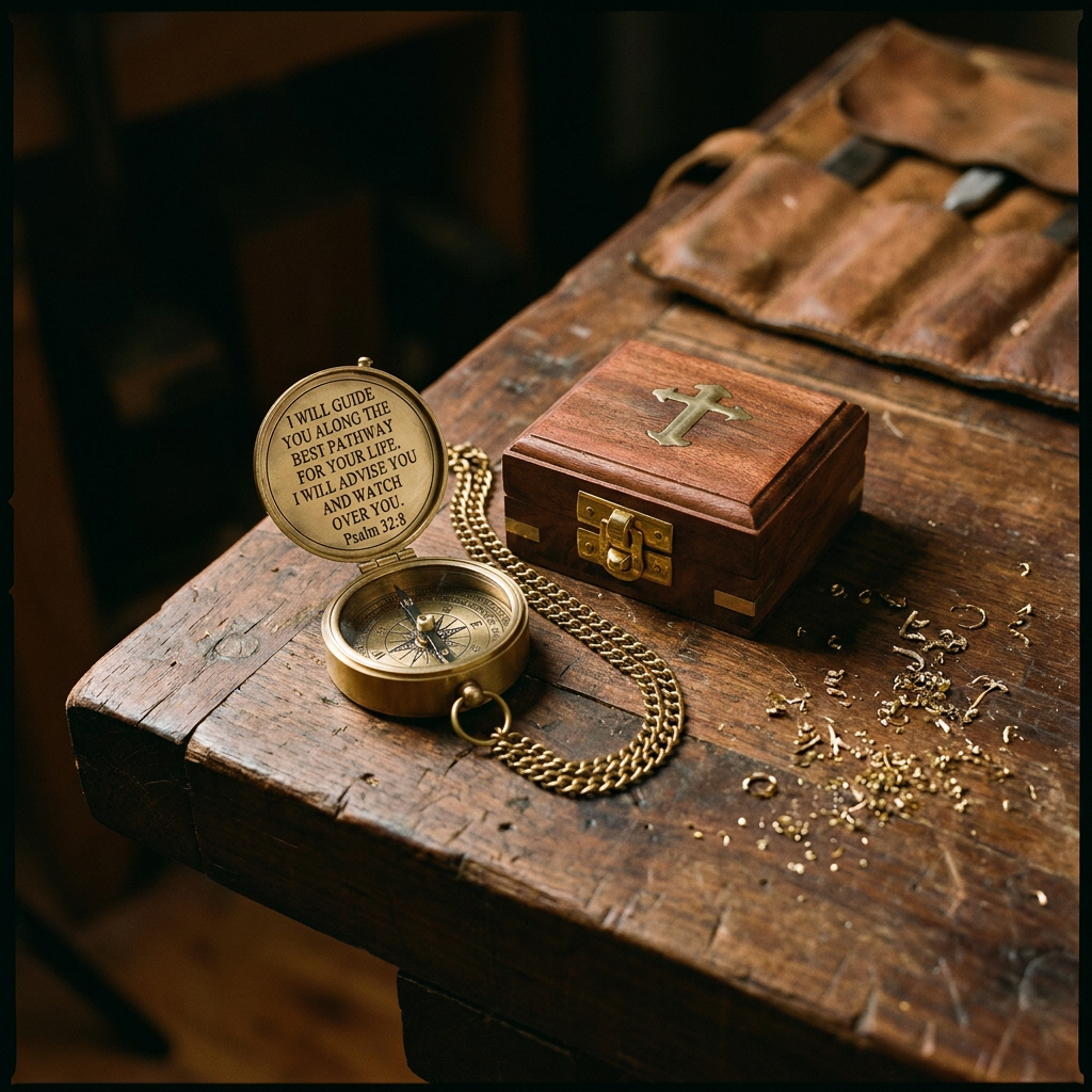 The Compass by EmmausCO, solid brass with engraved Psalm 32:8